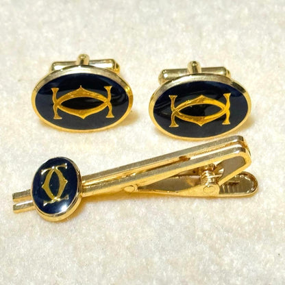 Cartier Double C Cufflinks Tie Bar Set Navy Gold Enamel Oval Logo Mens Formal