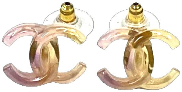 CHANEL CC Logo Earrings Stud Pink Purple Resin Plastic Gold HW Made in France