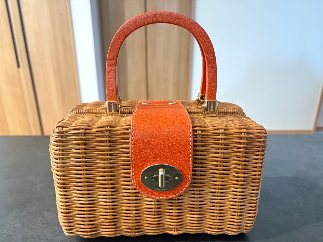 Kate Spade Wicker Basket Bag Rattan Box Orange Leather Handle Turn Lock Straw
