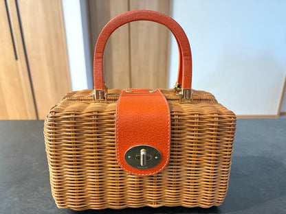 Kate Spade Wicker Basket Bag Rattan Box Orange Leather Handle Turn Lock Straw