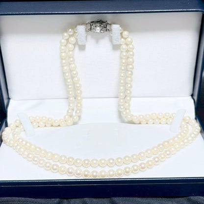 Akoya Genuine Pearl Double Strand Necklace White 6.0-6.3 mm 0.24-0.25" 925 Great