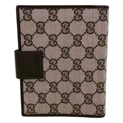 GUCCI GG Canvas Agenda Notebook Cover Planner Binder Brown Leather Silver HW