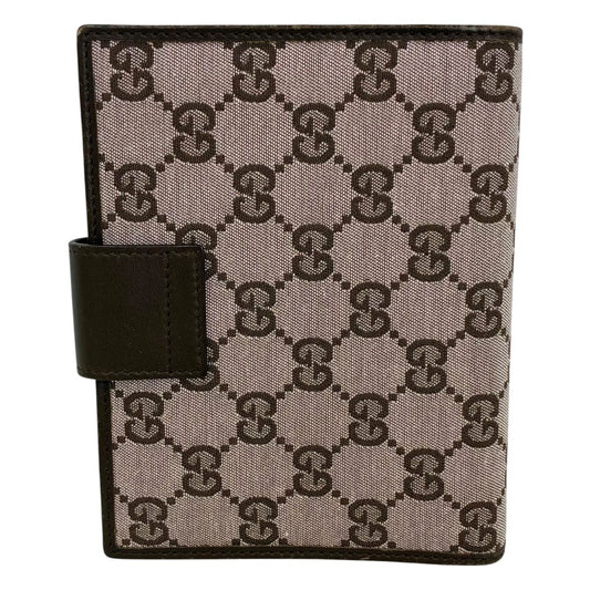 GUCCI GG Canvas Agenda Notebook Cover Planner Binder Brown Leather Silver HW