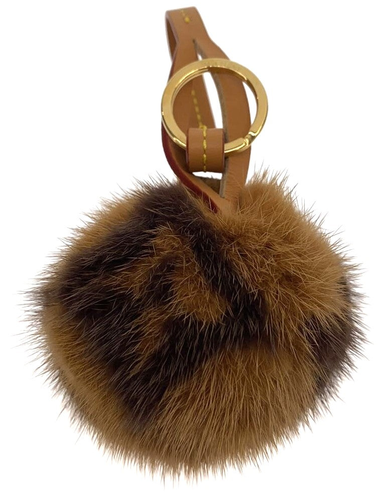 Louis Vuitton M00543 Fur Pompom Bag Charm Key Ring Camel Brown Authentic 2.8in