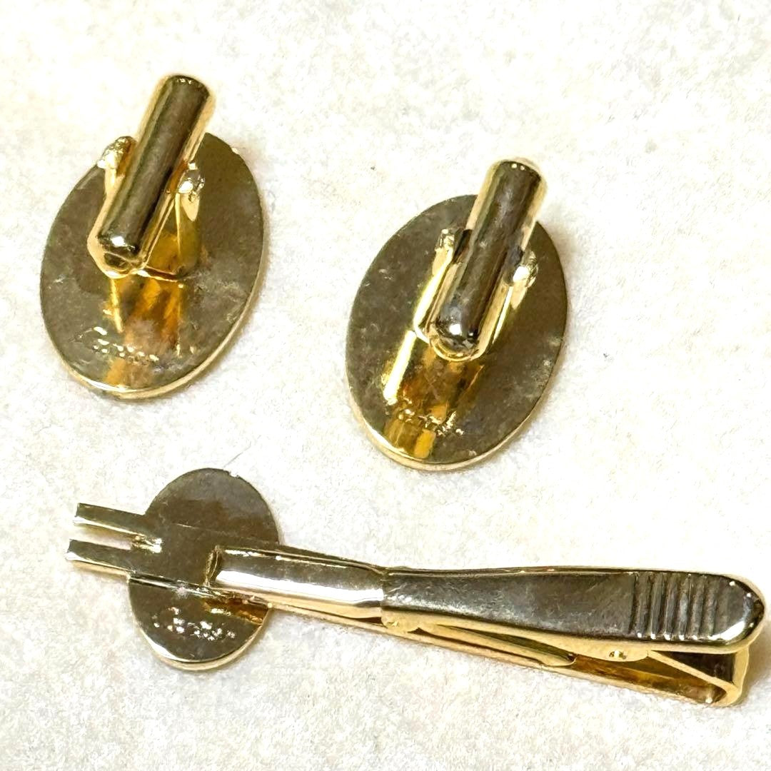 Cartier Double C Cufflinks Tie Bar Set Navy Gold Enamel Oval Logo Mens Formal