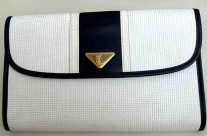 YSL Yves Saint Laurent Clutch Bag White Black Logo Plate Triangle Vintage