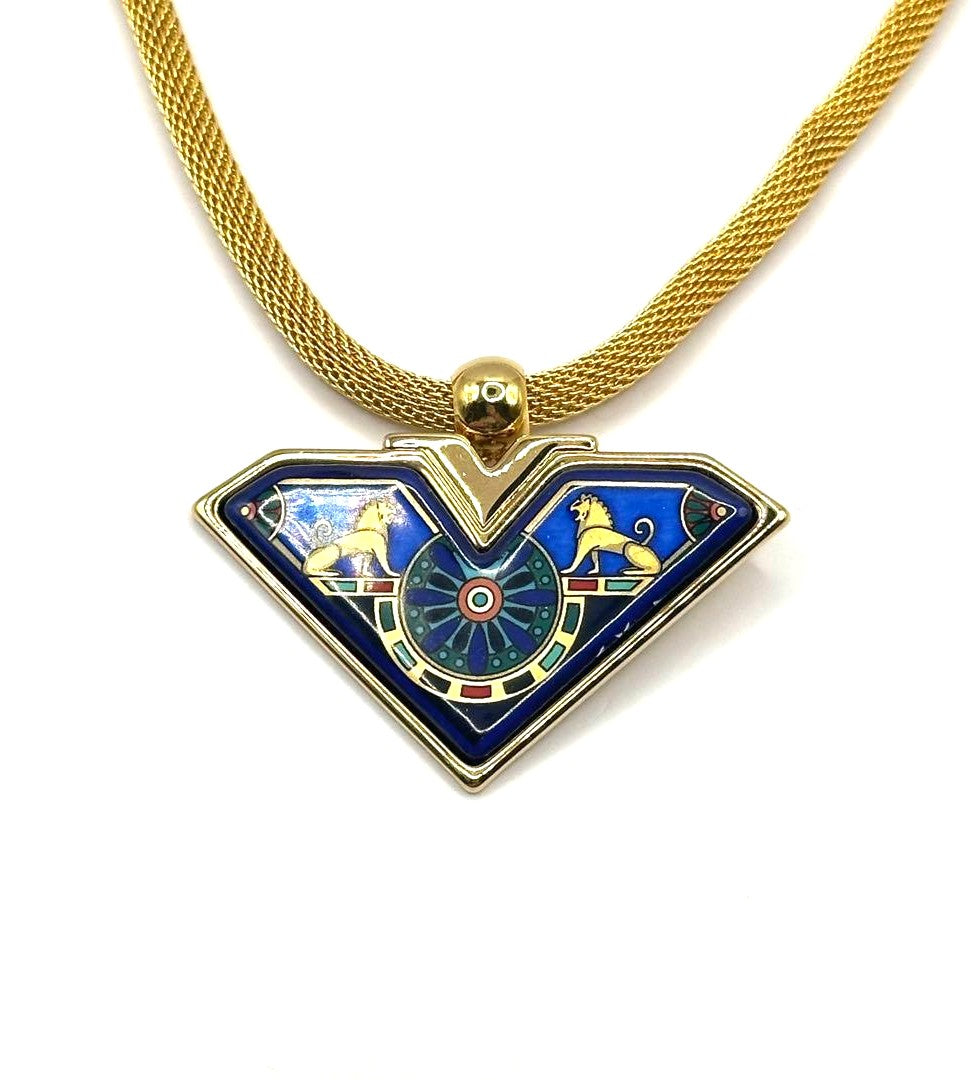 Michaela Frey Wien Enamel Pendant Necklace Blue Gold Mesh Chain 17.7in Austria
