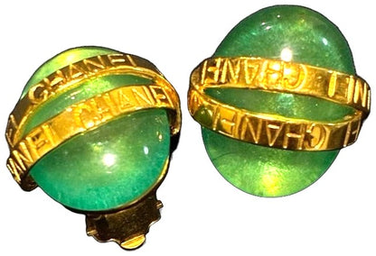 CHANEL Vintage Clip-On Earrings Green Gold Logo Ring Resin Authentic Used