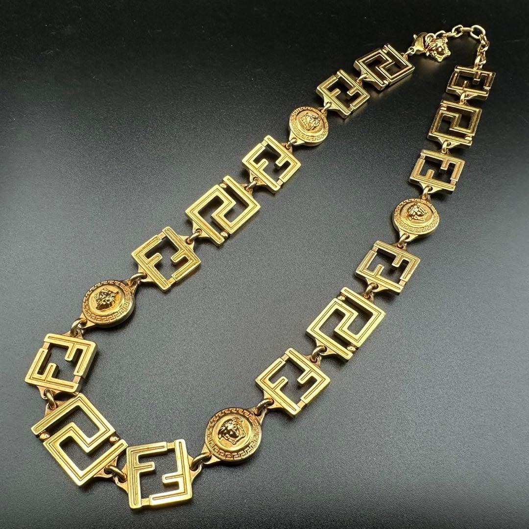 FENDACE Fendi x Versace Gold Tone Logo Medusa Necklace 45-50cm 17.7-19.6in