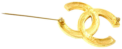 CHANEL CC Logo Brooch Pin Gold Tone Double Row Rhinestone Crystal Vintage Auth