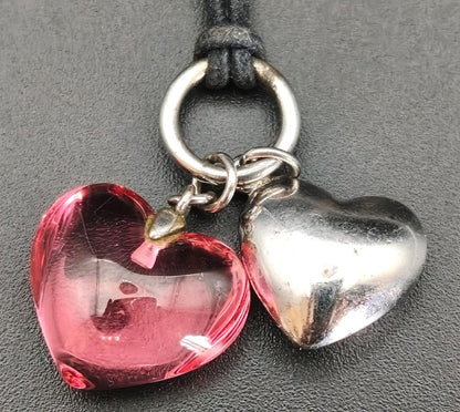 Baccarat Double Heart Necklace Pink Crystal Sterling Silver 925 Adjustable Used