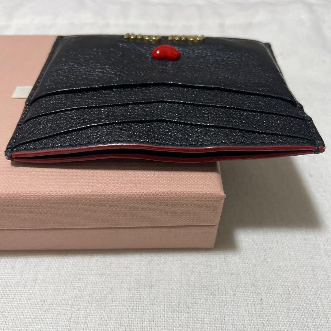 Miu Miu Madras Leather Card Holder Black Red Heart Gold Logo 6 Slots Italy
