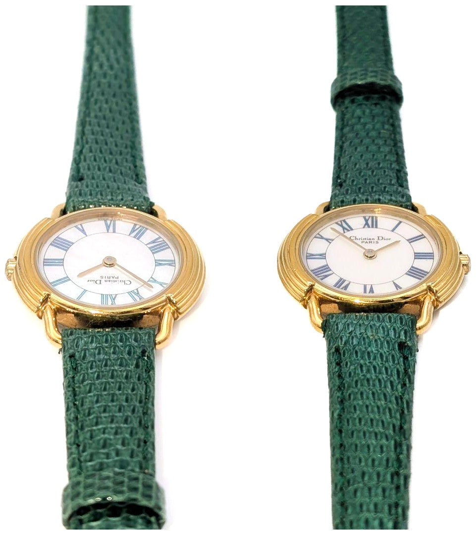 Christian Dior Paris Vintage Watch Shell Dial Gold Green Leather 25.8mm Swiss