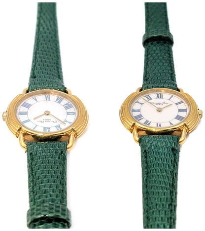 Christian Dior Paris Vintage Watch Shell Dial Gold Green Leather 25.8mm Swiss