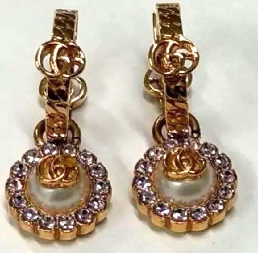 GUCCI Double G Flower Hoop Earrings Pink Gold Pearl Rhinestone 2.3cm Japan