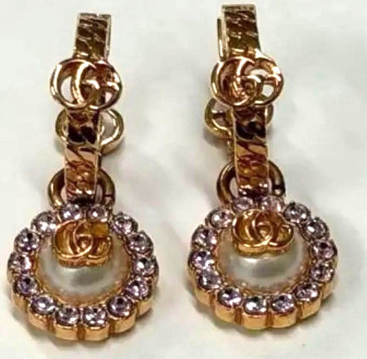 GUCCI Double G Flower Hoop Earrings Pink Gold Pearl Rhinestone 2.3cm Japan