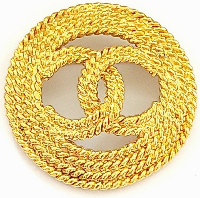 CHANEL CC Logo Circle Brooch Gold-Tone Chain Rope Pin Vintage 1993 48mm Auth