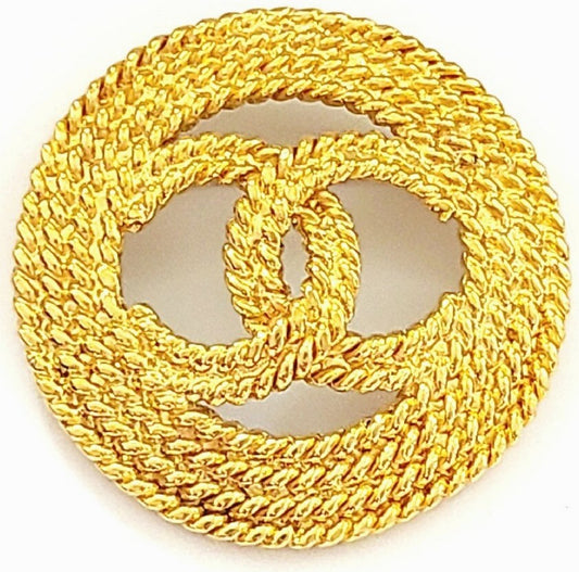CHANEL CC Logo Circle Brooch Gold-Tone Chain Rope Pin Vintage 1993 48mm Auth