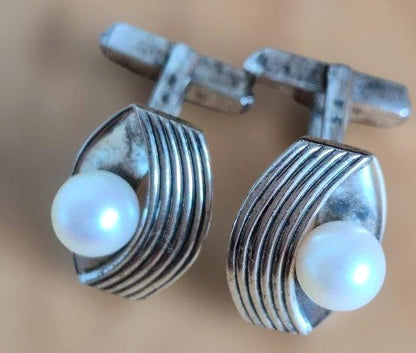Mikimoto Pearl Silver Tone Cufflinks Vintage Authentic with Original Box Japan
