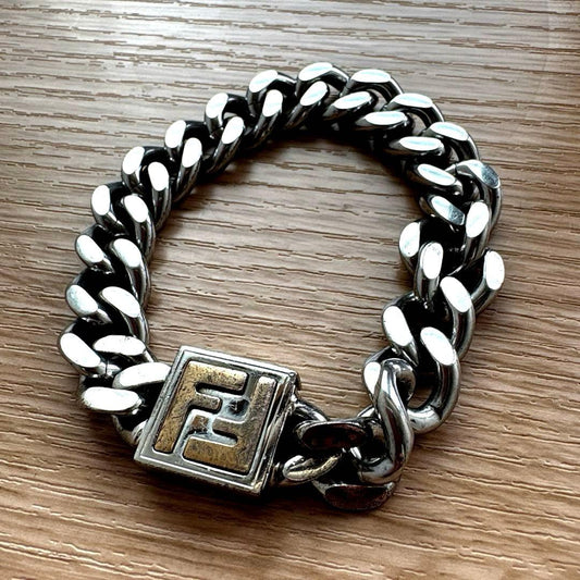 Fendi Silver & Gold Tone Metal FF Logo Curb Chain Bracelet 20cm 7.8in
