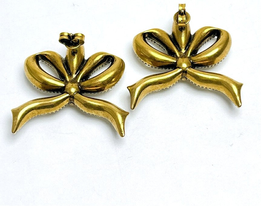 GUCCI Cat Ribbon Bow Pearl Earrings Antique Gold Tone Faux Pearl Stud Authentic