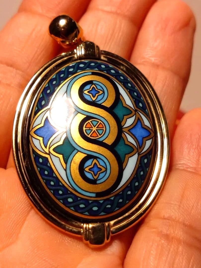 MICHAELA FREY WIEN Vintage Enamel Pendant Top Gold Tone Oval 4.2cm Austria