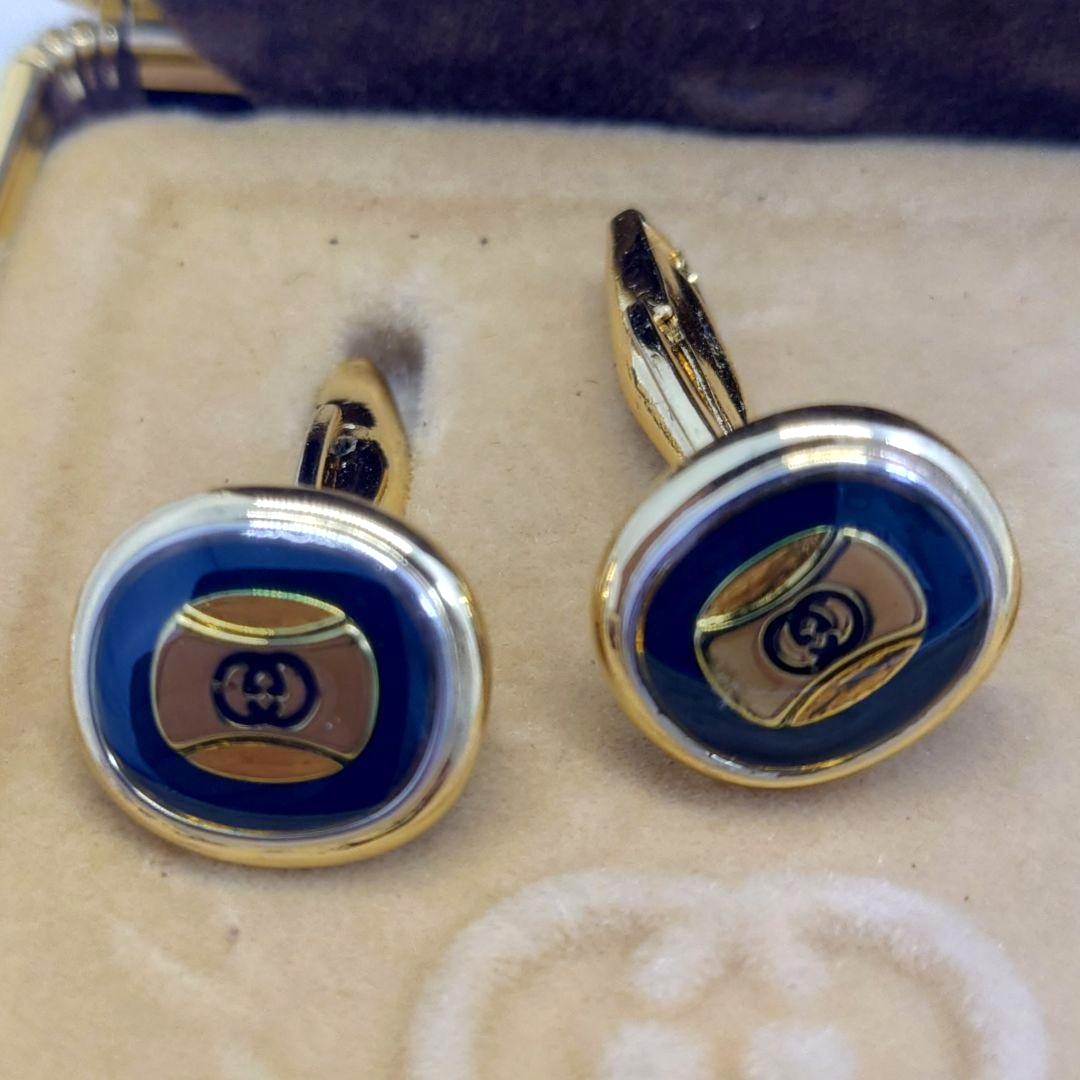 GUCCI Accessory Collection Cufflinks Navy Blue Gold Silver Enamel Vintage Italy
