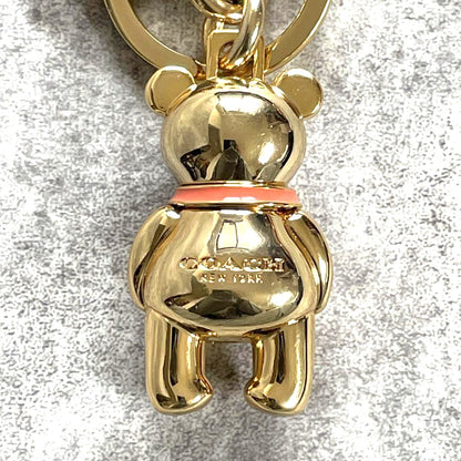 COACH 3D Teddy Bear Bag Charm Key Ring Gold Metal Pink Enamel 2.4in Authentic