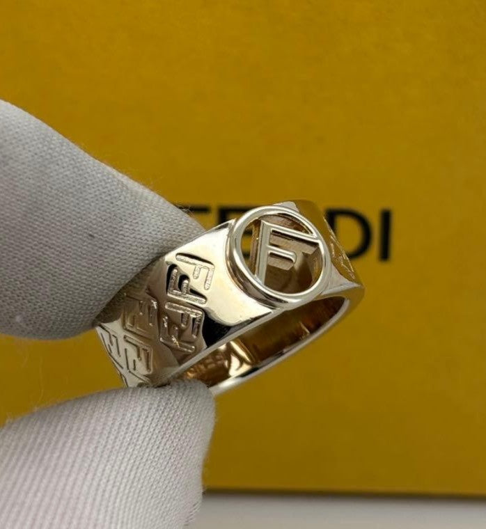 Excellent Fendi FF F is Gold Tone Metal Ring Size S 52 US 6 No Box