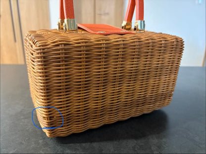 Kate Spade Wicker Basket Bag Rattan Box Orange Leather Handle Turn Lock Straw