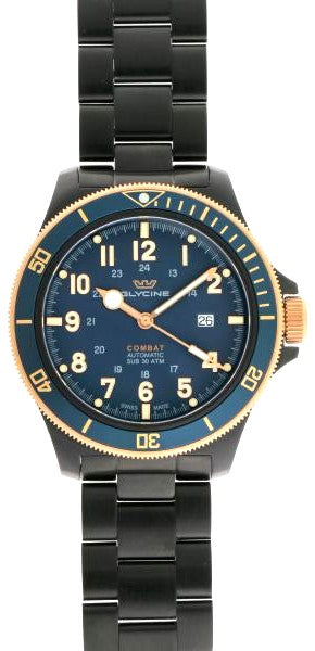 Glycine Combat Sub Automatic GL0279 Men's Watch Blue Dial PVD SS Swiss Made