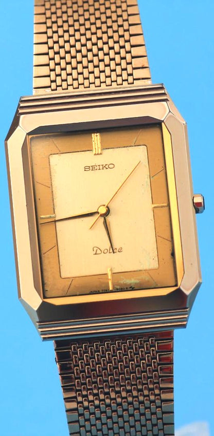 SEIKO Dolce 7741-508A Quartz Rectangle Watch Gold Tone Mesh Band Vintage 36.5mm