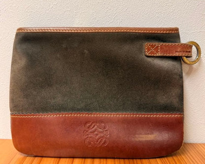 Loewe Dark Olive Suede Brown Leather Anagram Embossed Pouch Clutch