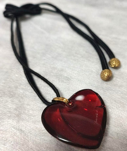 Baccarat Crystal Heart Pendant Necklace Red Glass Gold Tone Cord Adjustable