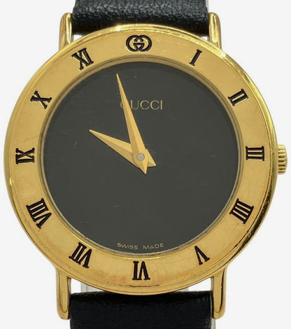 Gucci 3000.2.L Round Watch Black Dial Gold Tone Leather Band Quartz Swiss Made