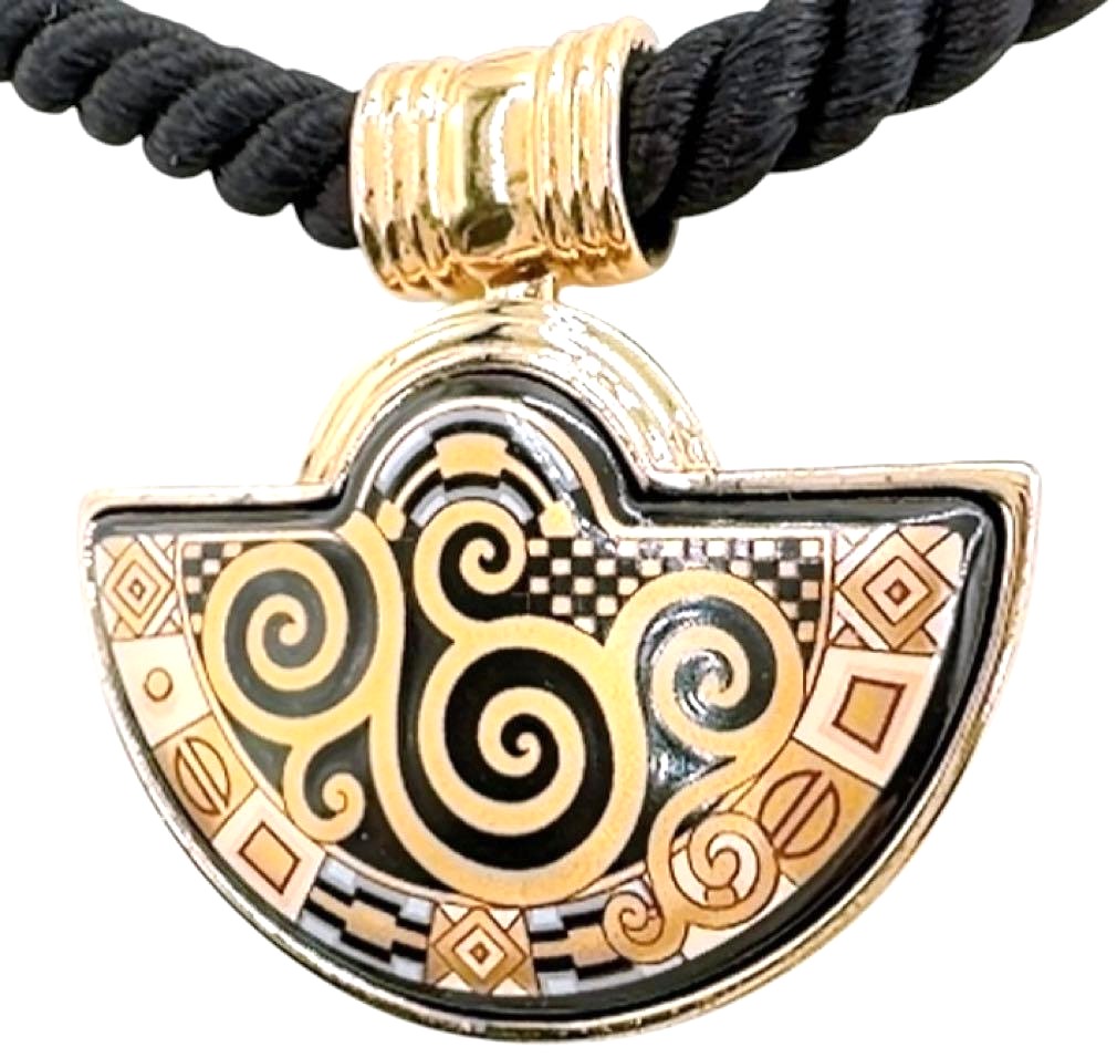 MICHAELA FREY WIEN Klimt Enamel Pendant Necklace Gold Black Vintage Austria