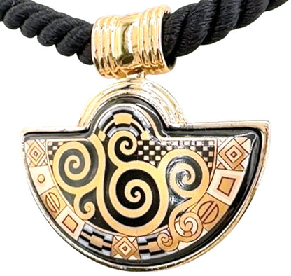 MICHAELA FREY WIEN Klimt Enamel Pendant Necklace Gold Black Vintage Austria