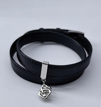 Mikimoto Leather Bracelet Bangle Silver Pearl Heart Charm 41cm Adjustable