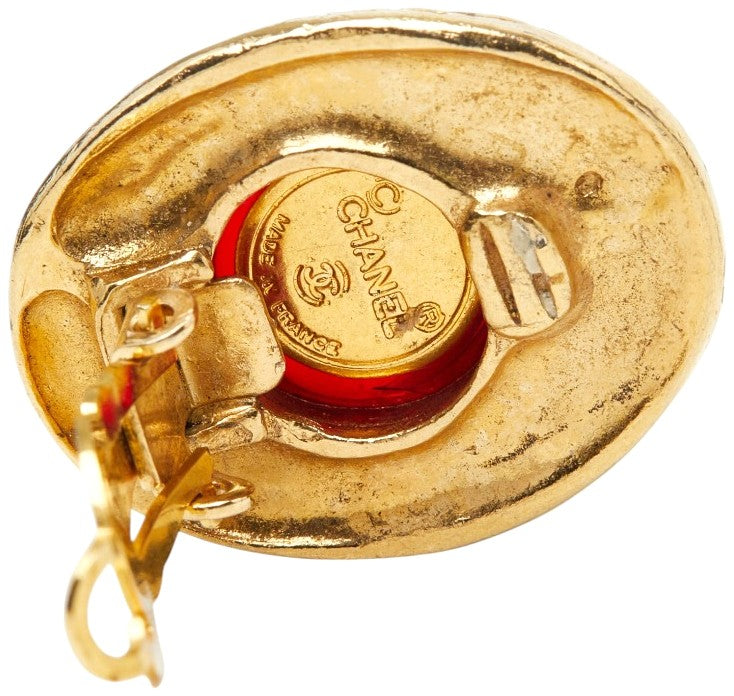 CHANEL CC Logo Gripoix Clip-on Earrings Gold Red Glass Rhinestone 27mm Authentic