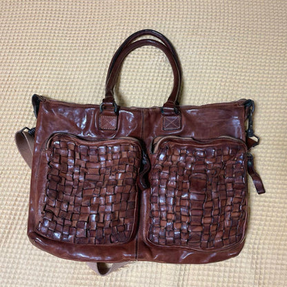 CAMPOMAGGI Woven Leather Tote Bag Brown 2way Italy Laptop Business Shoulder Bag