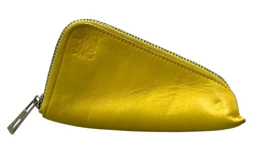 LOEWE Triangle Coin Purse Case Yellow Leather Silver Zip Pouch Women's Authentic