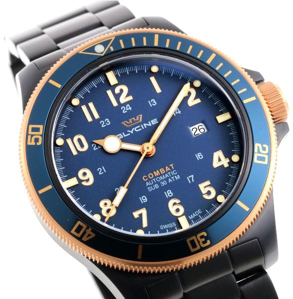 Glycine Combat Sub Automatic GL0279 Men's Watch Blue Dial PVD SS Swiss Made