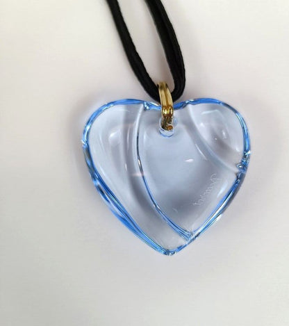 Baccarat Crystal Heart Pendant Necklace Blue Gold Tone Cord Lady's Box Pouch