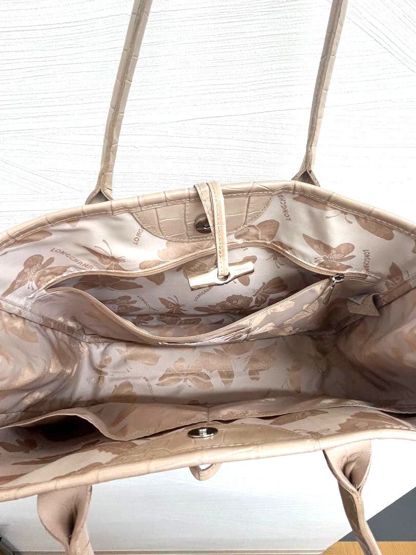 LONGCHAMP Roseau Tote Bag Beige Embossed Leather Shoulder Handbag 13.8x10.2x4.3"