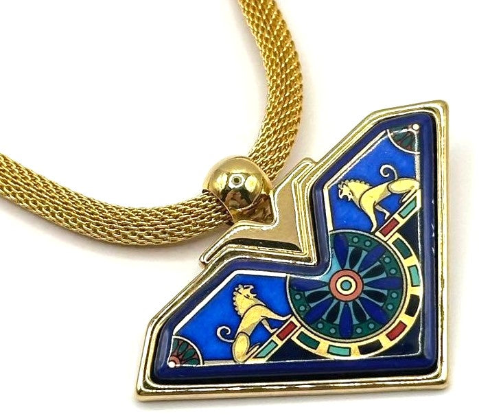 Michaela Frey Wien Enamel Pendant Necklace Blue Gold Mesh Chain 17.7in Austria