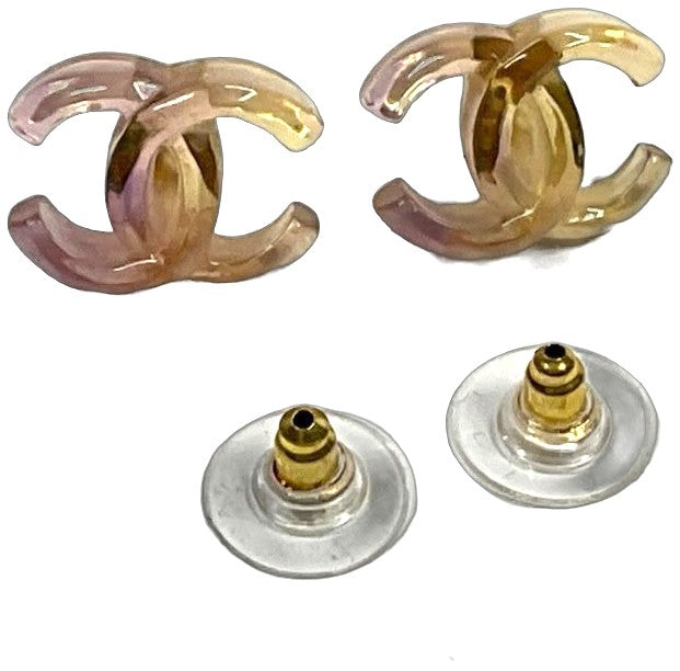 CHANEL CC Logo Earrings Stud Pink Purple Resin Plastic Gold HW Made in France