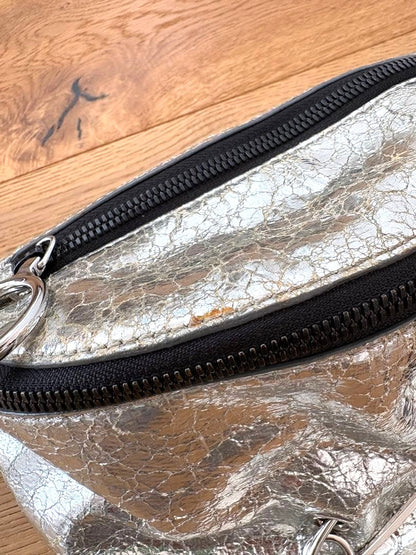 SEE BY CHLOE Belt Bag Fanny Pack Silver Crinkle Leather Safety Pin HW 11x5.9in.