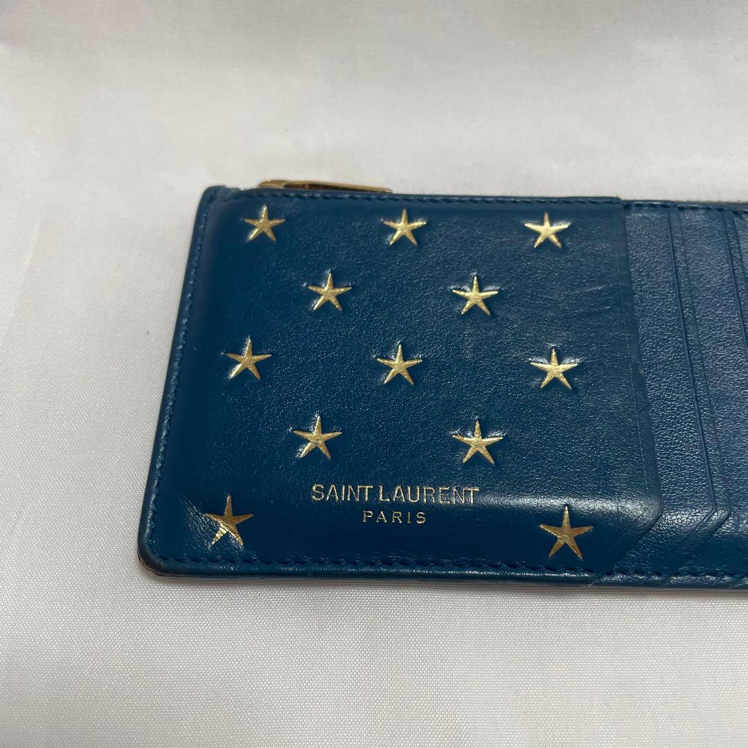 Saint laurent Blue Leather Gold Star Fragment Case Coin Purse 7.5x13cm 2.9x5.1in