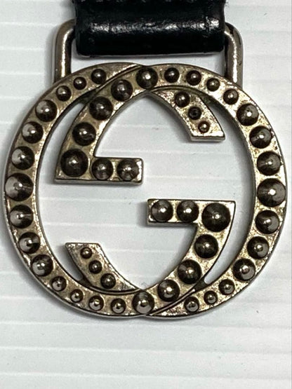 Gucci Auth Interlocking GG Logo Black Leather Keychain Key Ring Silver Used