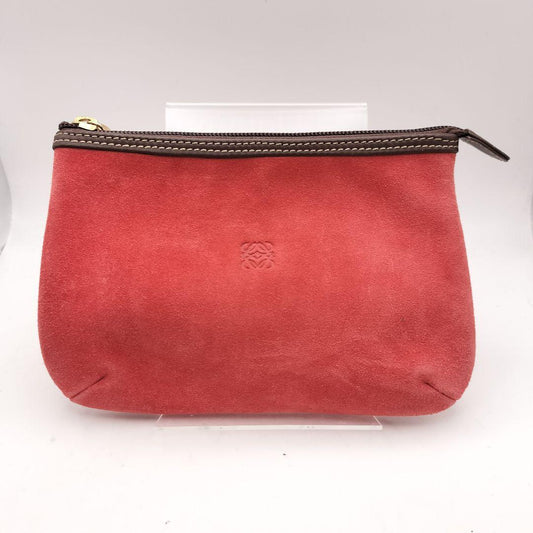 LOEWE Anagram Red Suede Brown Leather Zip Mini Pouch 14 x 19cm 5.5 x 7.5 in